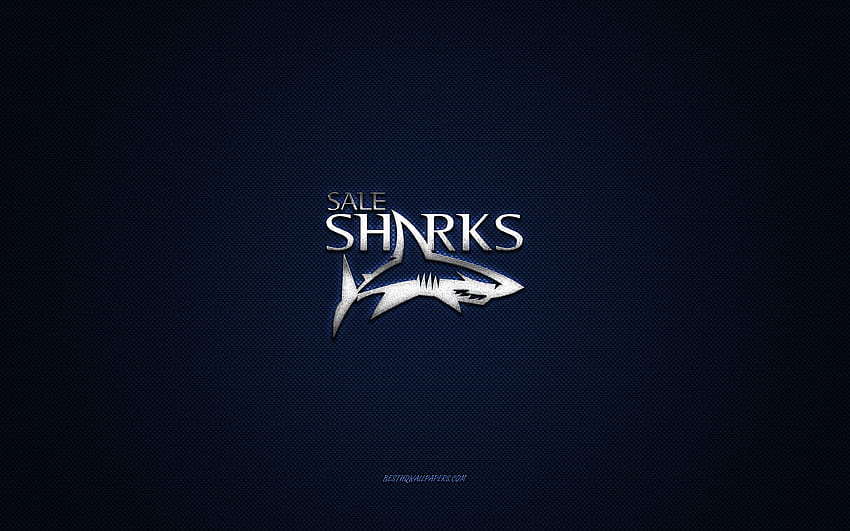 Sale Sharks, angielski klub rugby, ECHL, szare logo, niebieskie tło z włókna węglowego, Super League, rugby, Greater Manchester, Anglia, logo Sale Sharks Tapeta HD