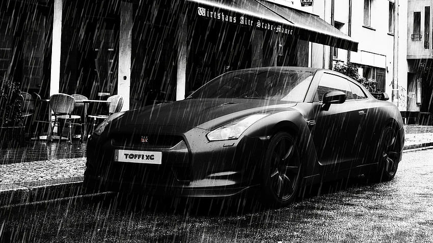 Black Nissan GT R In The Rain, Black and White GTR HD wallpaper