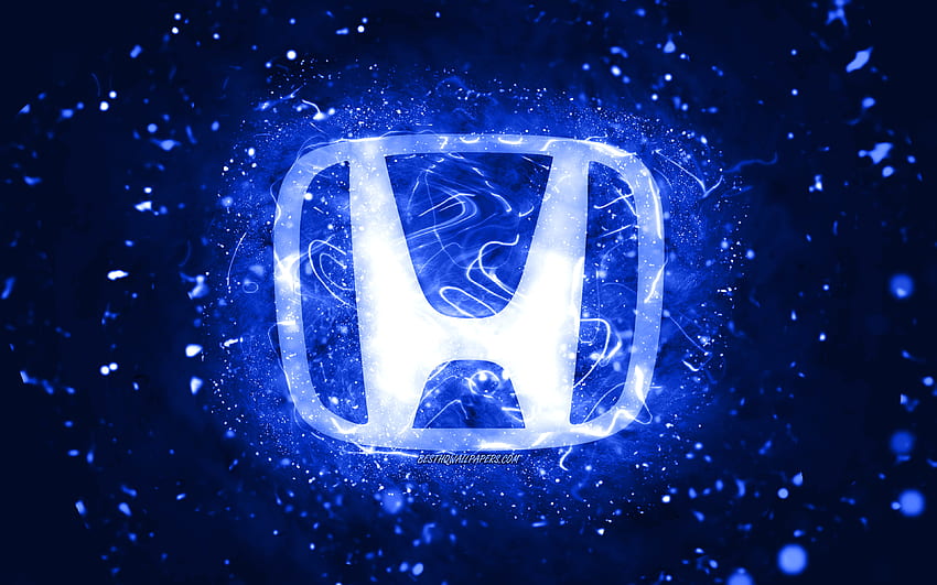 Ciemnoniebieskie logo Honda, ciemnoniebieskie neony, kreatywne, ciemnoniebieskie abstrakcyjne tło, logo Hondy, marki samochodów, Honda Tapeta HD