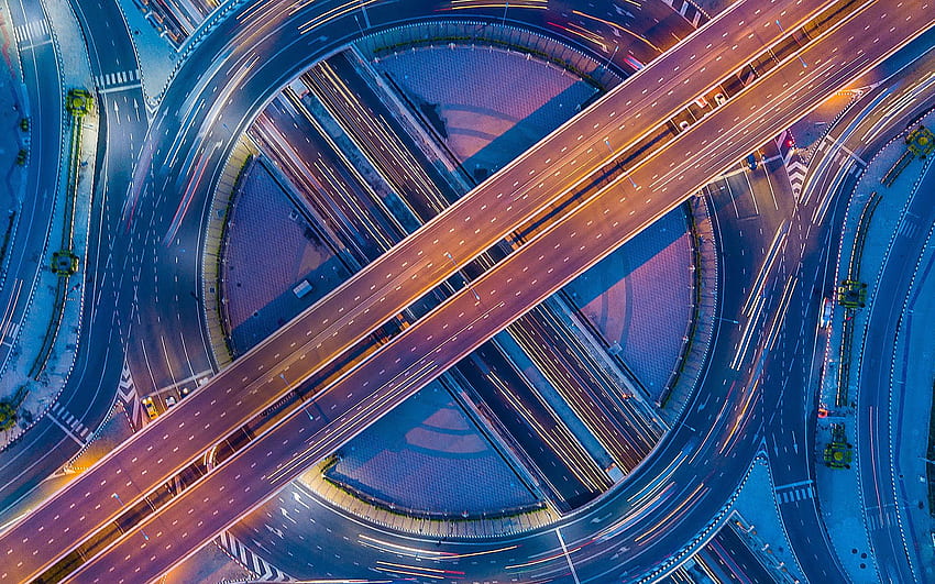 aerial view, road junction, empty roads, roundabout, R, roads from above, roads HD wallpaper