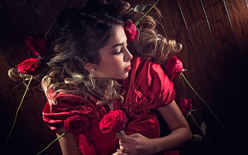 Beauty, rose, model, asian, red, girl, woman HD wallpaper