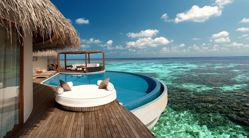 Luxury Water Bungalow with Pool, island, blue, tropical, decking, beach, reef, lodge, water, ocean, hot tub, swimming, sea, bungalow, luxury, room, exotic, hotel, paradise, jacuzzi, suite, villa, lagoon, hut, atoll, pool HD wallpaper