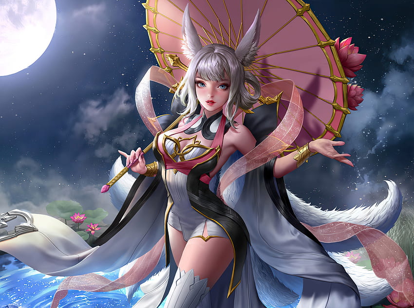 Chica elfa de anime con paraguas, luz de luna, fantasía. fondo de pantalla