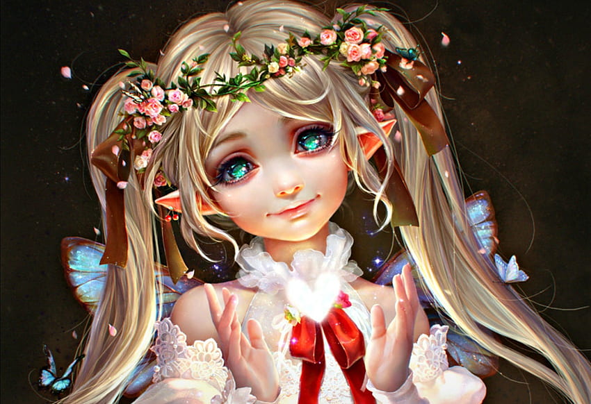 Śliczna elfka, biała, niebieskie oczy, słodka, dziewczyna, elf, różowy, motyl, fantazja, kwiat, czerwony, gra, kokarda Tapeta HD