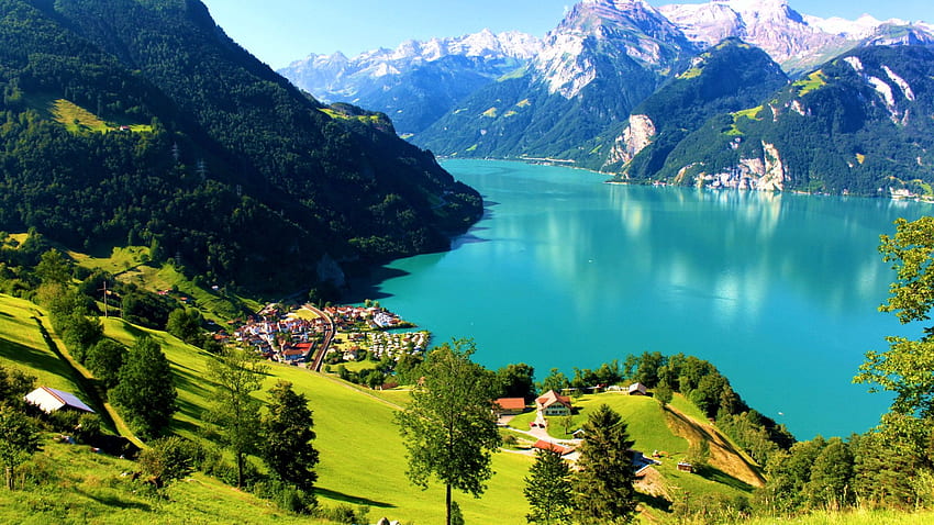 Morschach, Switzerland, clouds, landscape, trees, sky, alps, mountains, houses, village HD wallpaper