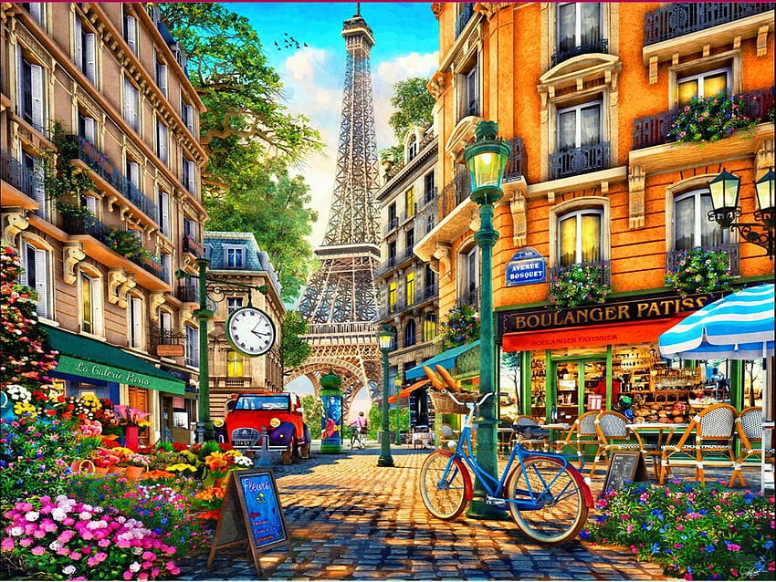Paryskie popołudnie, dzieło sztuki, cyfrowe, wieża eiffla, ulica, kwiaty, ludzie, domy, sklepy Tapeta HD