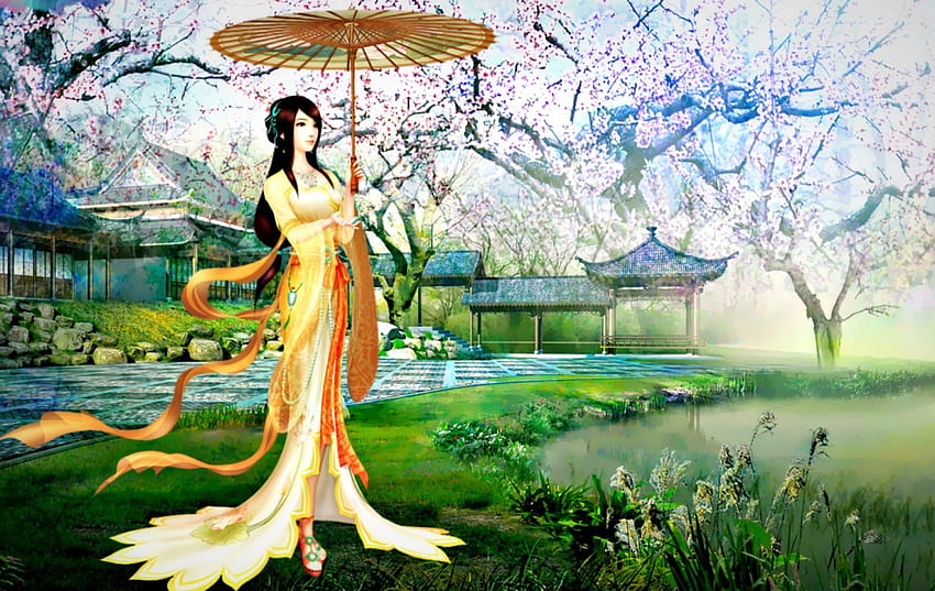 Фентъзи момиче, синьо, чадър, азиатски, легендата за меча и феята, храм, градина, пагода, момиче, китайски паладин, езеро, жена, фантазия, зелено, жълто, сакура, принцеса HD тапет