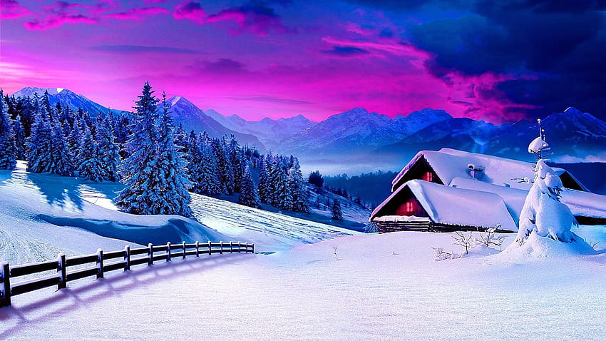 Снежен планински пейзаж, зима, бор, сняг, дървета, облаци, къща, небе, природа, ландшафт, планини HD тапет