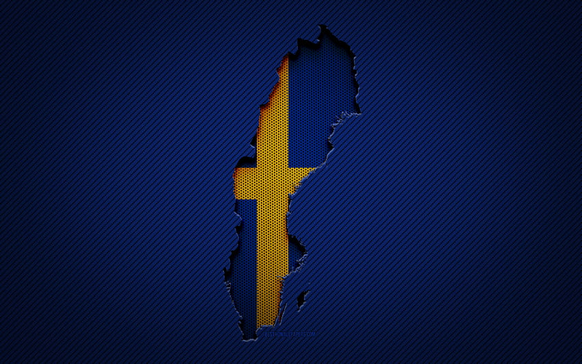 Карта на Швеция, европейски държави, шведско знаме, син въглероден фон, силует на карта на Швеция, флаг на Швеция, Европа, карта на Швеция, Швеция, флаг на Швеция HD тапет