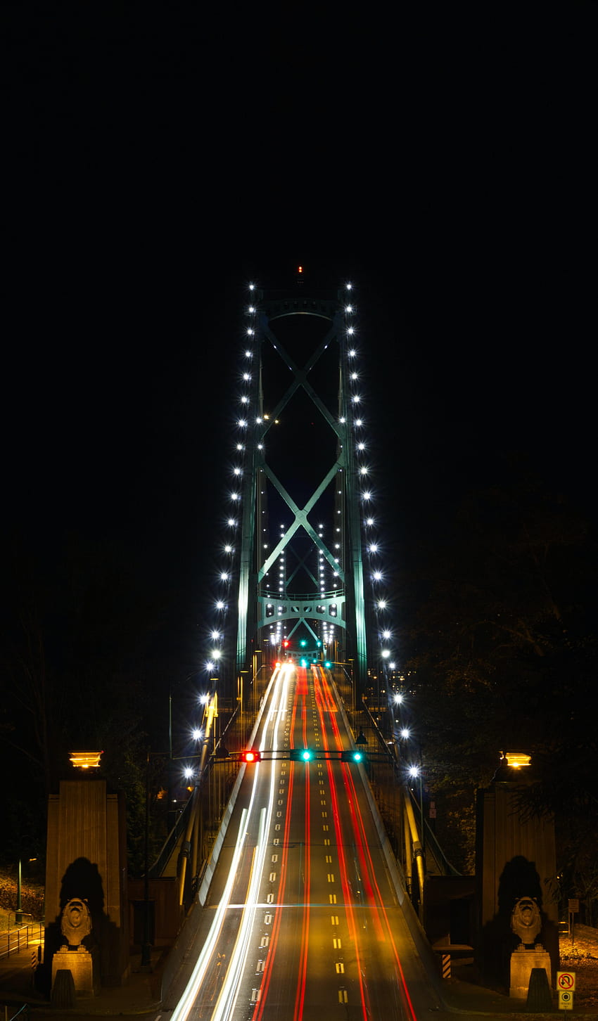 Night Lights Dark Road Bridge Illumination Lighting Hd Phone