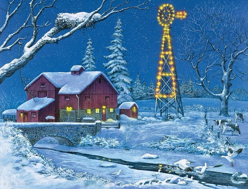 Rote Scheune im Winter, rote Scheune, Winter, Kälte, Tiere, hübsch, Schnee, Bach, Lichter, Malerei, Brücke HD-Hintergrundbild