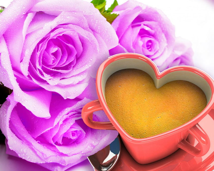 一杯のコーヒー、バラ、花びら、コーヒー、花、カップ 高画質の壁紙