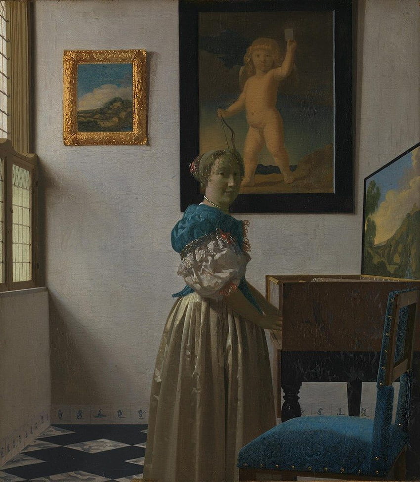 Giovanni Vermeer. Una giovane donna in piedi a un virginale Sfondo del telefono HD