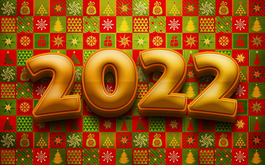 メリー クリスマス、新年あけましておめでとうございます 2022、、2022 黄色の 3 D 数字、クリスマス パターン、2022 年新年、クリエイティブ、2022 年、クリスマスの背景に 2022 年、2022 年の概念、2022 年の数字 高画質の壁紙