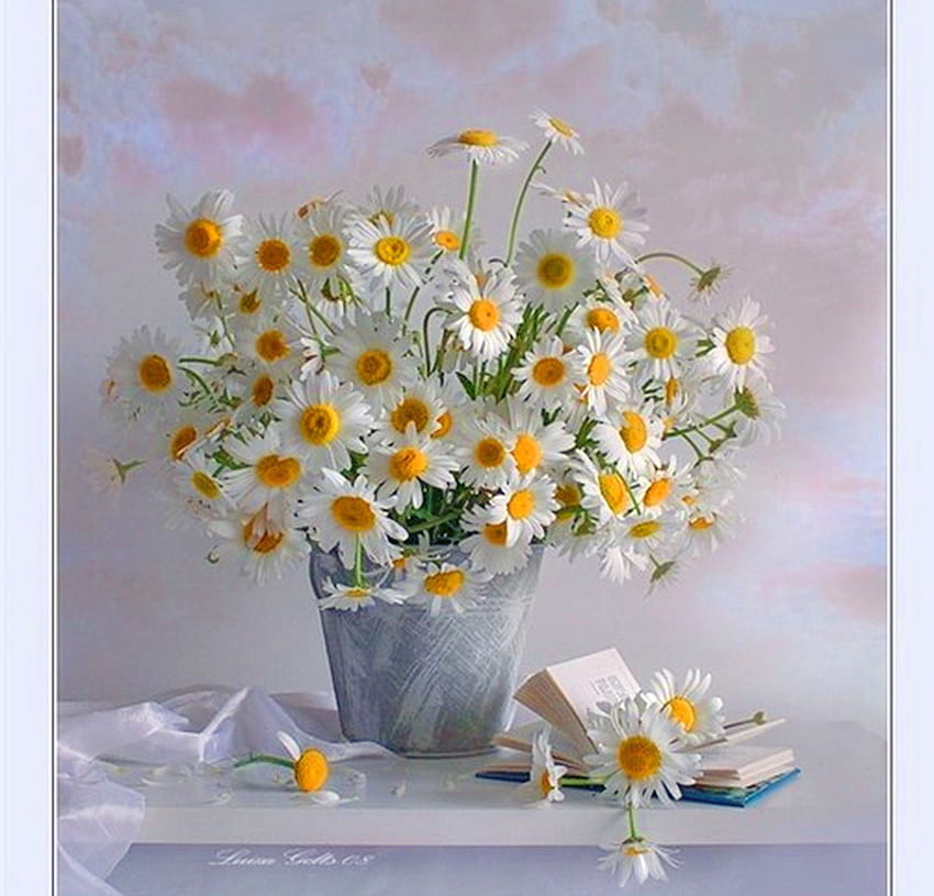 ヒナギクだけ、白、黄色、花瓶、花、ヒナギク 高画質の壁紙