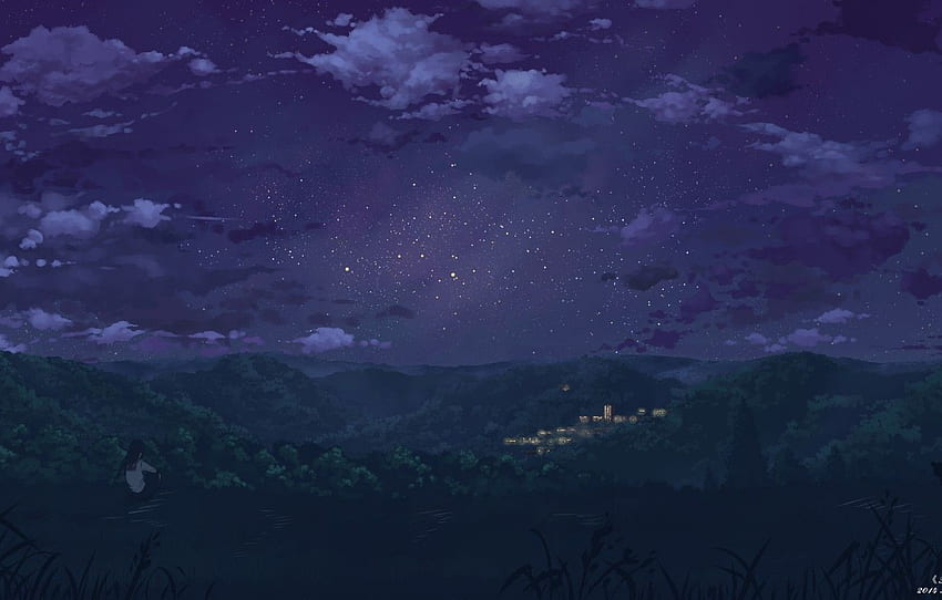 ท้องฟ้า เด็กหญิง ดวงดาว เมฆ ต้นไม้ กลางคืน ธรรมชาติ เมือง แสงไฟ บ้าน อะนิเมะ ศิลปะ แบบฟอร์ม เด็กนักเรียน Yuuko San For หมวด арт วอลล์เปเปอร์ HD
