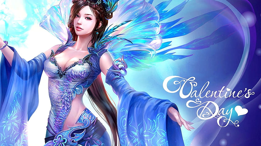 Goddess, blue, valentine, frumusete, league of angels, fantasy, game, luminos HD wallpaper