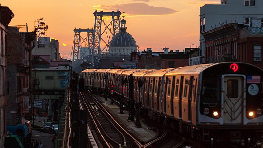 뉴욕 윌리엄스버그 다리에서 내리는 지하철, 돔, 지하철, 도시, 일몰, 다리, 트랙 HD 월페이퍼
