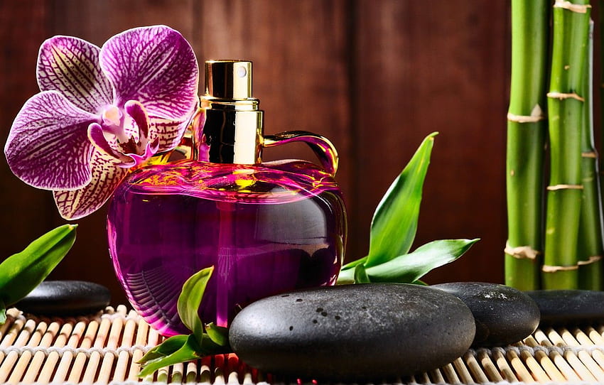 flower, stones, perfume, bamboo, bottle, Orchid, black, Spa, perfume, spa, massage, basalt for , section макро HD wallpaper
