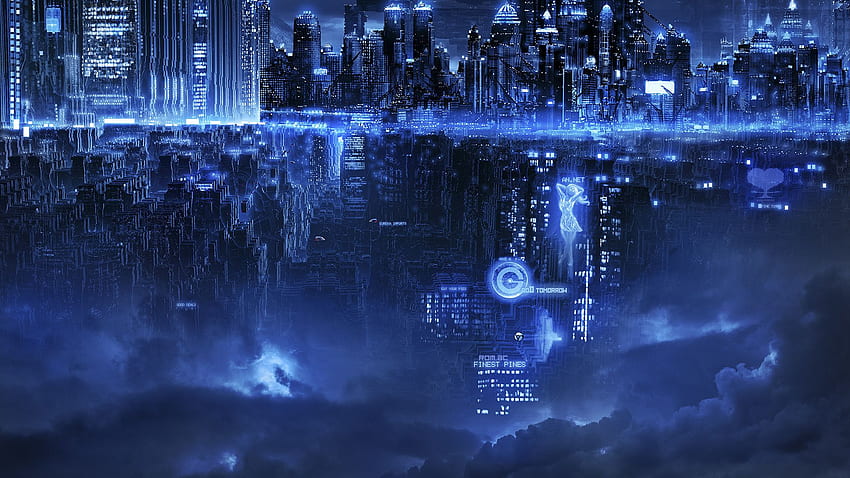 Future City, Blue Lights, Clouds, Art, , , Background, Ec0ef1, Future City HD wallpaper