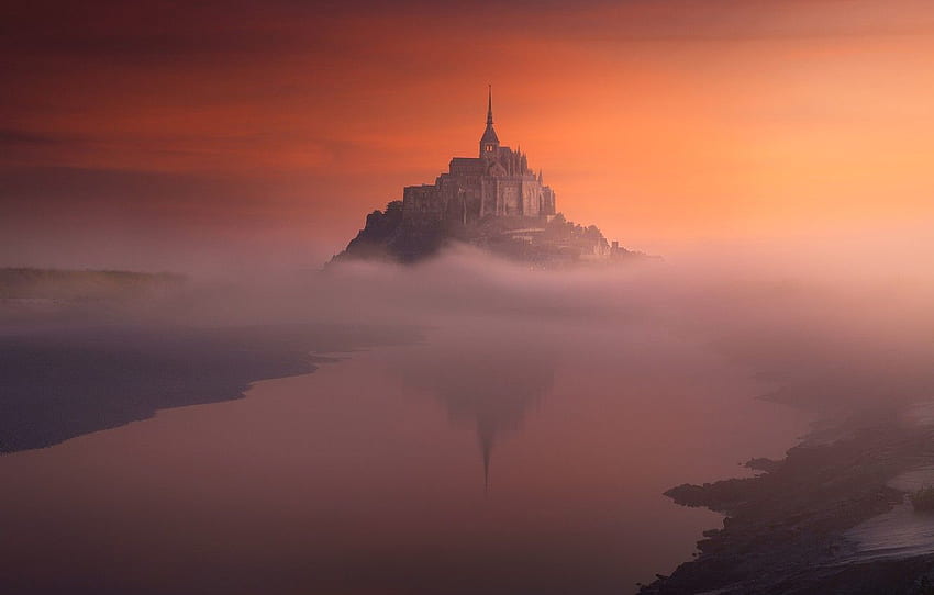 Fog, France, Island, The Evening, Morning, Mont Saint Michel, St Michael's Mount For , Section пейзажи, Mont-Saint-Michel HD wallpaper