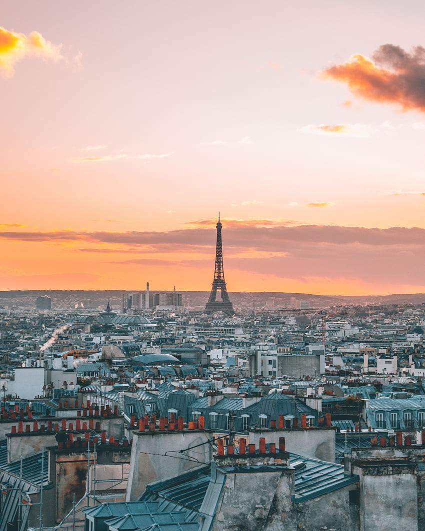 Villes, Coucher de soleil, Paris, Tour Eiffel, Ville, Vue d'en haut, France Fond d'écran de téléphone HD