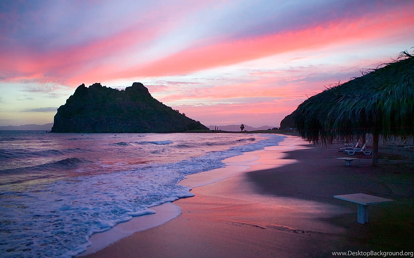Rosa Strand-Sonnenuntergang-Hintergrund, rosa Strand-Laptop HD-Hintergrundbild