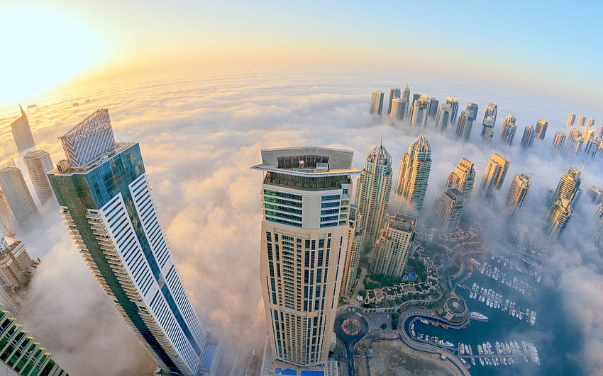 dubaj, budynki, drapacze chmur, chmury, mgła, zamglenie, światło słoneczne, Dubai 3D Tapeta HD