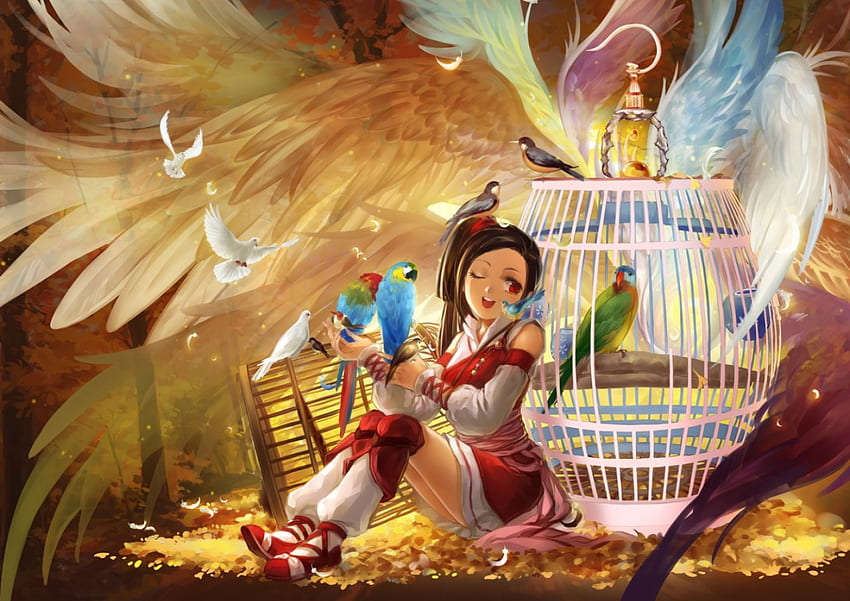 Magic cage, huazha01, wings, magic, anime, bird, girl, manga, cage HD wallpaper