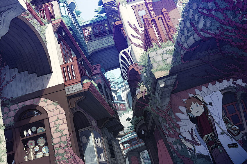 beautiful town, shadows, brick buildings, anime, pretty, light, town, beautiful, girl HD wallpaper