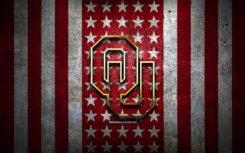 オクラホマ スーナーズの旗、NCAA、赤い白い金属の背景、アメリカン フットボール チーム、オクラホマ スーナーズのロゴ、アメリカ、アメリカン フットボール、金色のロゴ、オクラホマ スーナーズの解像度 . 高品質、オクラホマの旗 高画質の壁紙