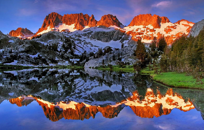 mountains, lake, reflection, CA, California, Minarets, Ediza Lake, Ansel Adams Wilderness, Minarets for , section пейзажи HD wallpaper
