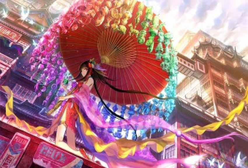 Hime-miko, umbrella, colorful, awesome, cute, red eyes, long hair, dress, beauty, nice, beautfil, swet, female, city, smile, twintail, beautiful, black hair, anime girl, anime, pretty, light, cool, clouds, sky, princess HD wallpaper