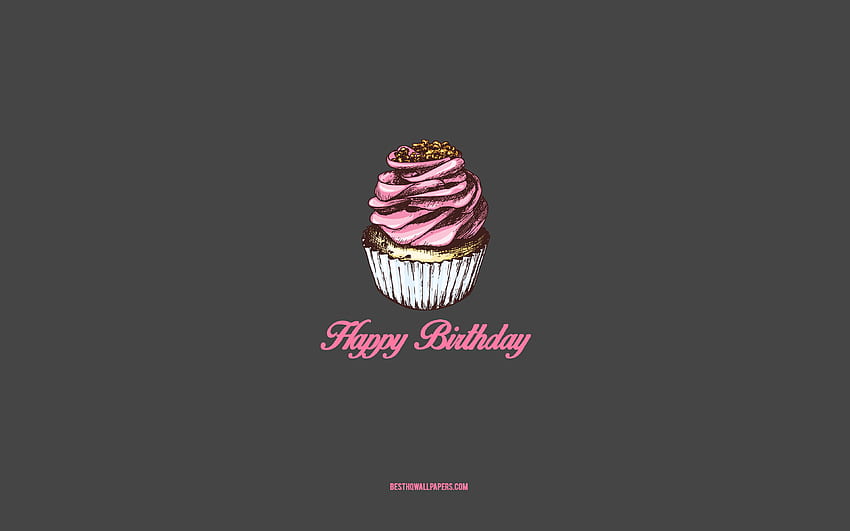 Happy Birtay, arte minimalista, cartão Happy Birtay, bolo rosa, cartão retro Birtay, fundo cinza, conceito Happy Birtay papel de parede HD