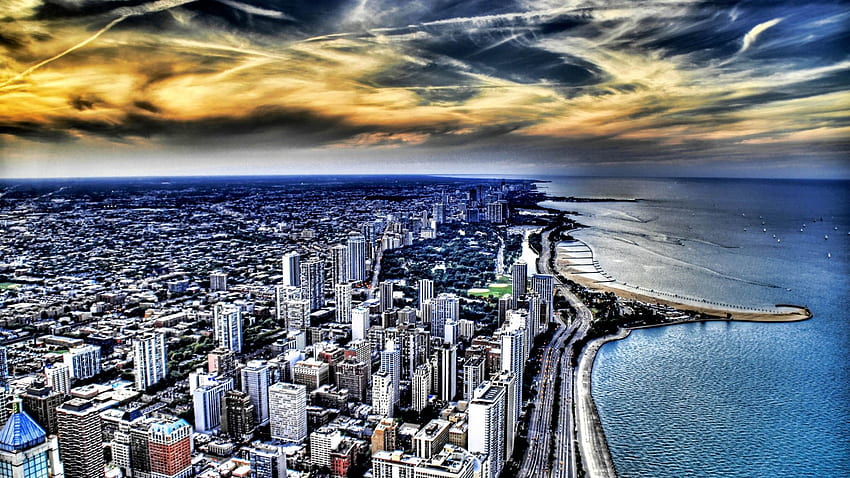 도시, 건물, 위에서 보기, 해안, 은행, 대양, 고층 빌딩, r, 시카고 HD 월페이퍼