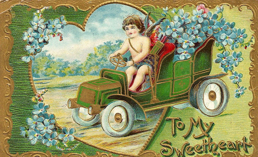 Happy Valentine's Day!, blue, wings, postcard, car, angel, spring, retro, valentine, day, green, red, cupid, flowers, happy, vintage, child HD wallpaper