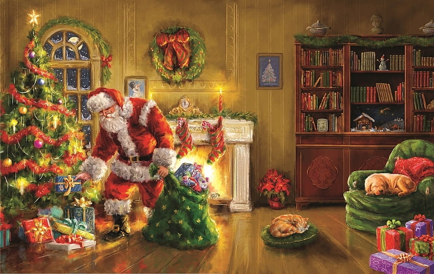 サンタの特別配達、アートワーク、部屋、絵画、犬、煙突、ギフト、クリスマス ツリー 高画質の壁紙