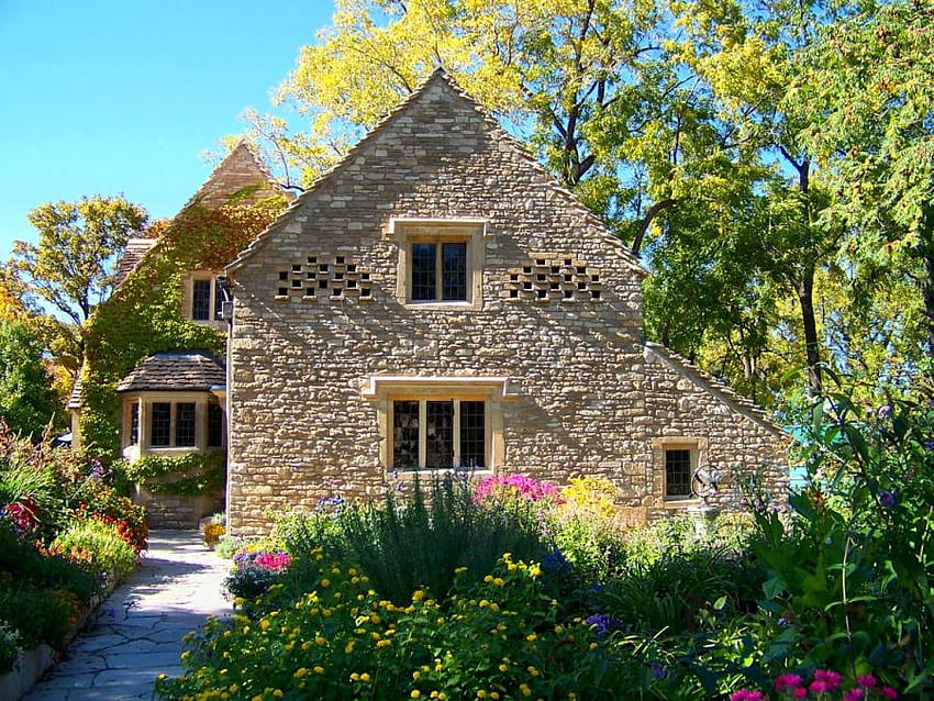 บ้านสวนสวย 2 อาร์ต เขียว ต้นไม้ สวนดอกไม้ ครบสี สวย ดอกไม้ บ้านหิน วอลล์เปเปอร์ HD