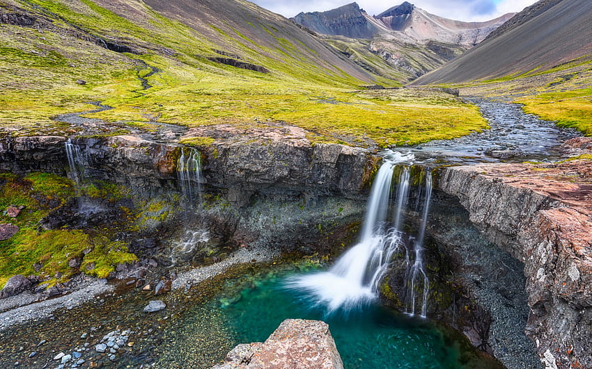 waterfall, mountain stream, mountain landscape, valley, green fields, beautiful waterfalls, Iceland HD wallpaper