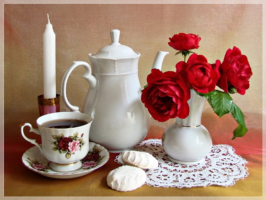 Still life, red flowers, flowers, tea, candle HD wallpaper