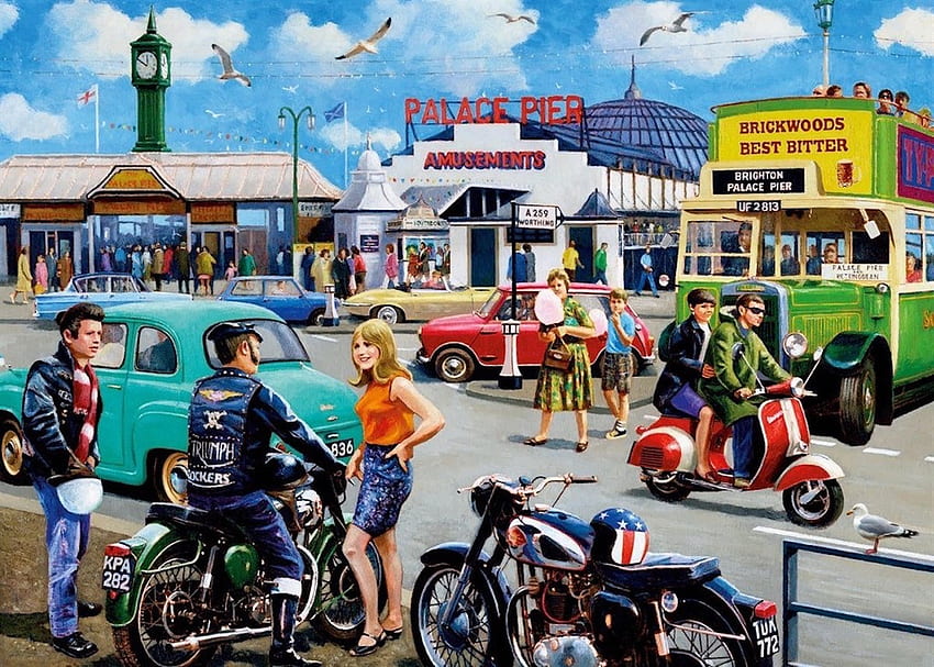 Brighton Palace Pier, cars, palace, motorbikes, pier, brighton, sky, clock, bus, vintage HD wallpaper