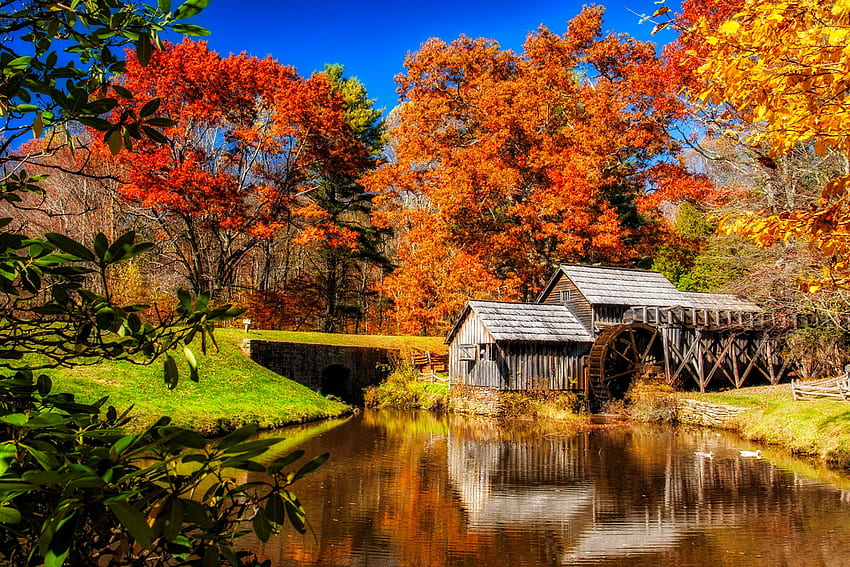 Mabry mill, reflection, mill, fall, autumn, beautiful, foliage, pond HD wallpaper