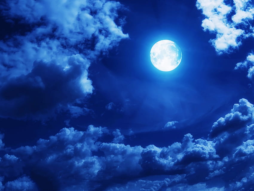 Full moon, night, blue, white, summer, moon, fantasy, luna, sky, cloud HD wallpaper