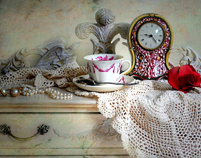Still life, tea, cup, rose, delicate, flower, pearls, clock, harmony HD wallpaper