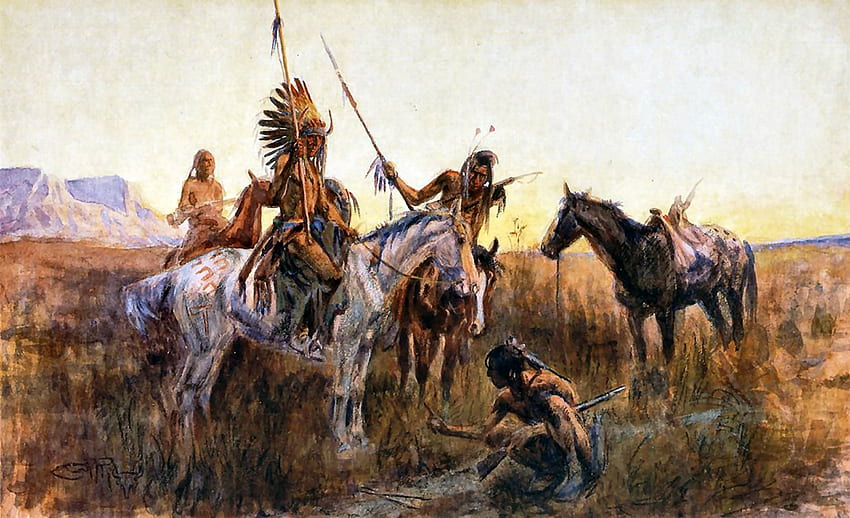 The Lost Trail, sztuka, kraj, piękny, ilustracja, dzieło sztuki, rdzenni Amerykanie, szeroki ekran, konie, , koński Tapeta HD