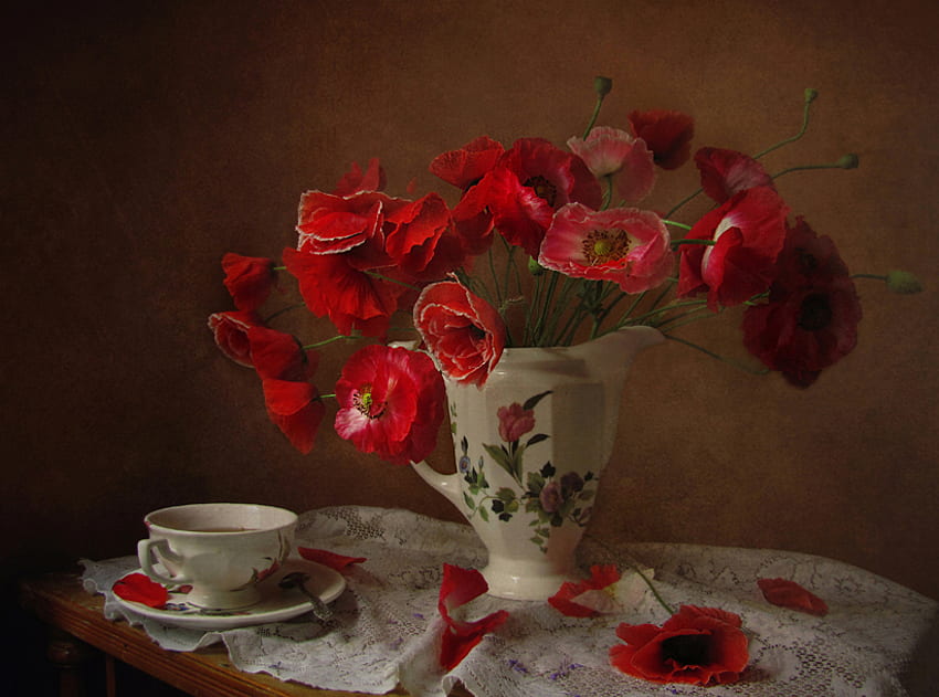 양귀비, 정물, 흰색 꽃병, 빨강, 아름다운, 컵 HD 월페이퍼