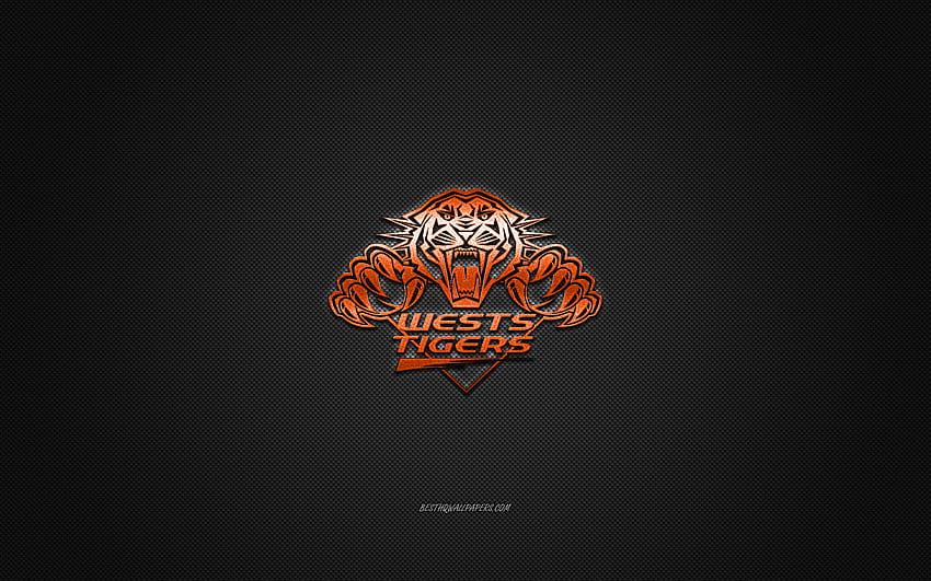 Wests Tigers, australischer Rugby-Club, NRL, orangefarbenes Logo, grüner Kohlefaserhintergrund, National Rugby League, Rugby, Sydney, Australien, Logo der Wests Tigers HD-Hintergrundbild