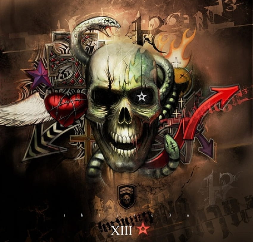 Graffiti with Skull, snake, skull, star, artwork, fantasy, wing, heart, fire, arrow HD wallpaper