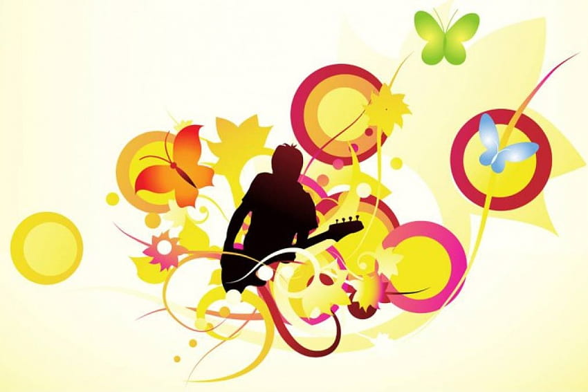 Sunshine and butterflies, butterflies, sunshine, circles, swirls, guitar player HD wallpaper