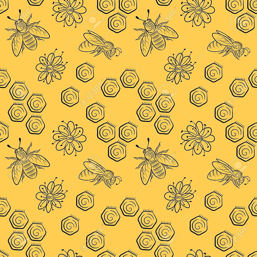 Nahtloses Muster von Bienen, Blumen und Waben. Honig-Hintergrund. Vintage Blumen, Apple Watch, Bienenillustration HD-Handy-Hintergrundbild